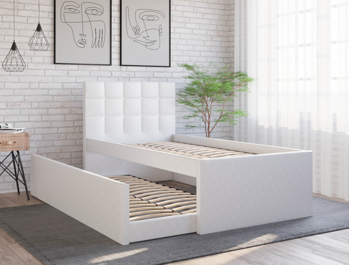 Landa White Faux Leather Trundle Bed