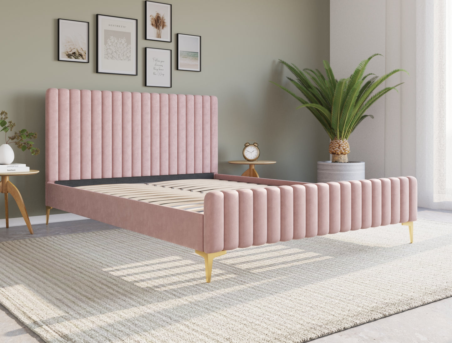 Astra Emily Pink Velvet Gold Legs Bed Frame