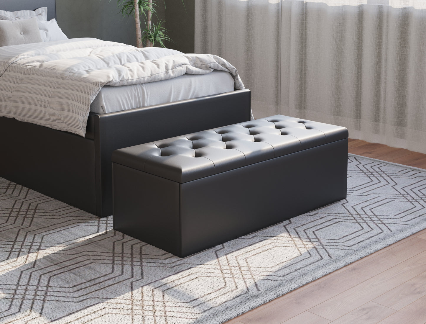 Oxford Black Faux Leather Ottoman