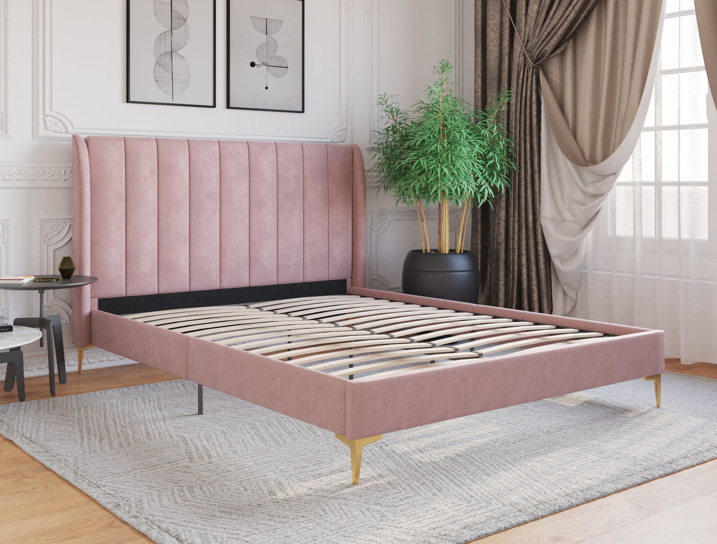 Georgia Pink Velvet Gold Legs Bed Frame