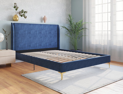 Zheng Blue Velvet Gold Legs Bed Frame