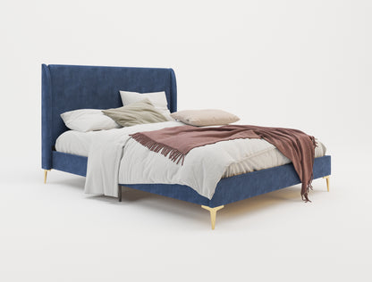 Zheng Blue Velvet Gold Legs Bed Frame