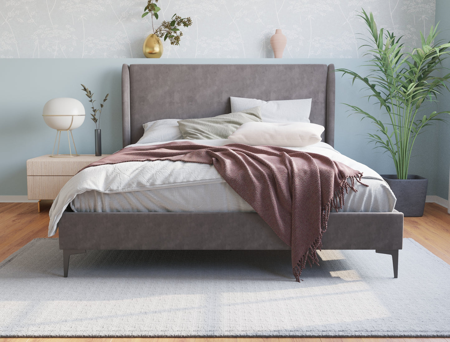 Zheng Grey Velvet Black Legs Bed Frame