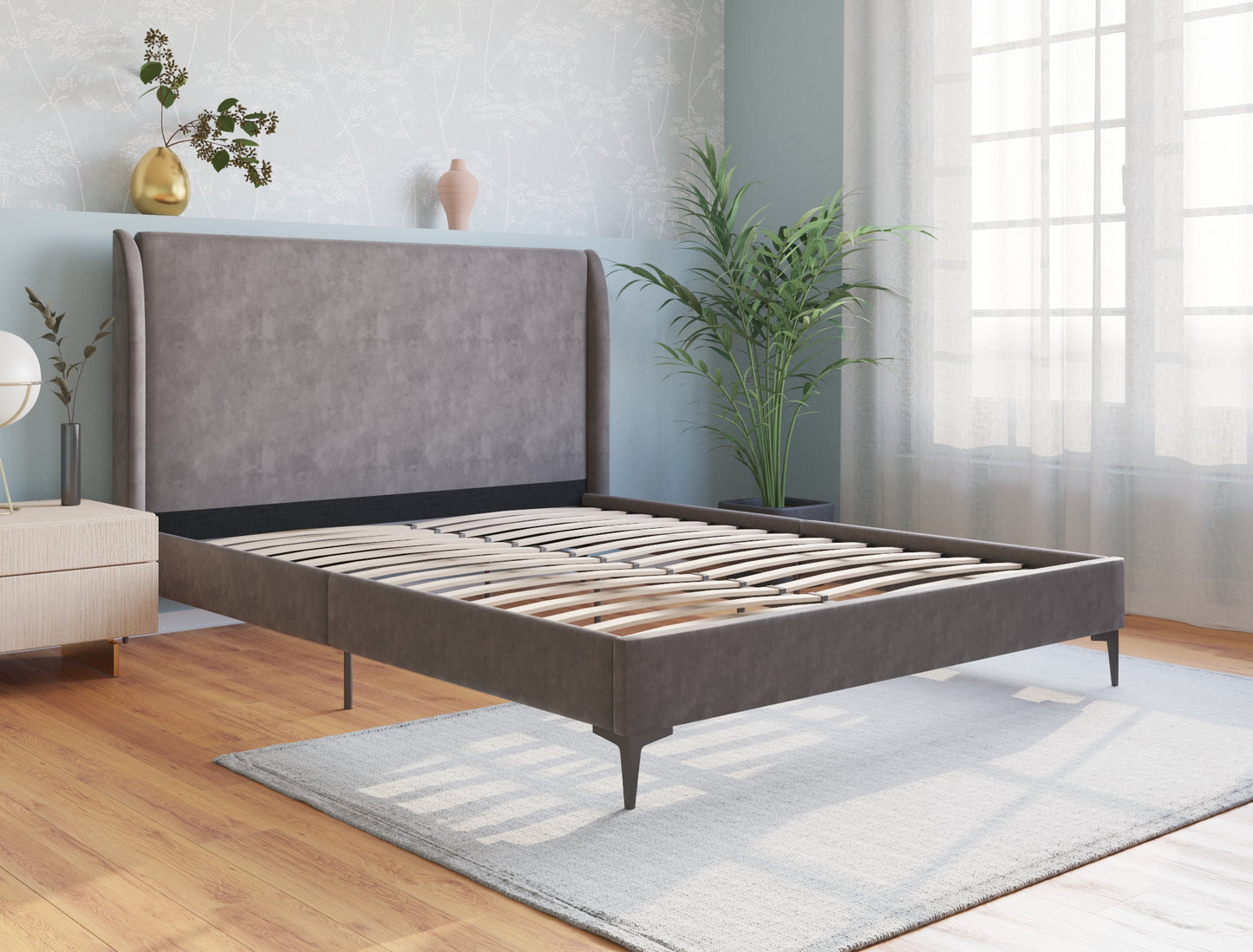 Zheng Grey Velvet Black Legs Bed Frame