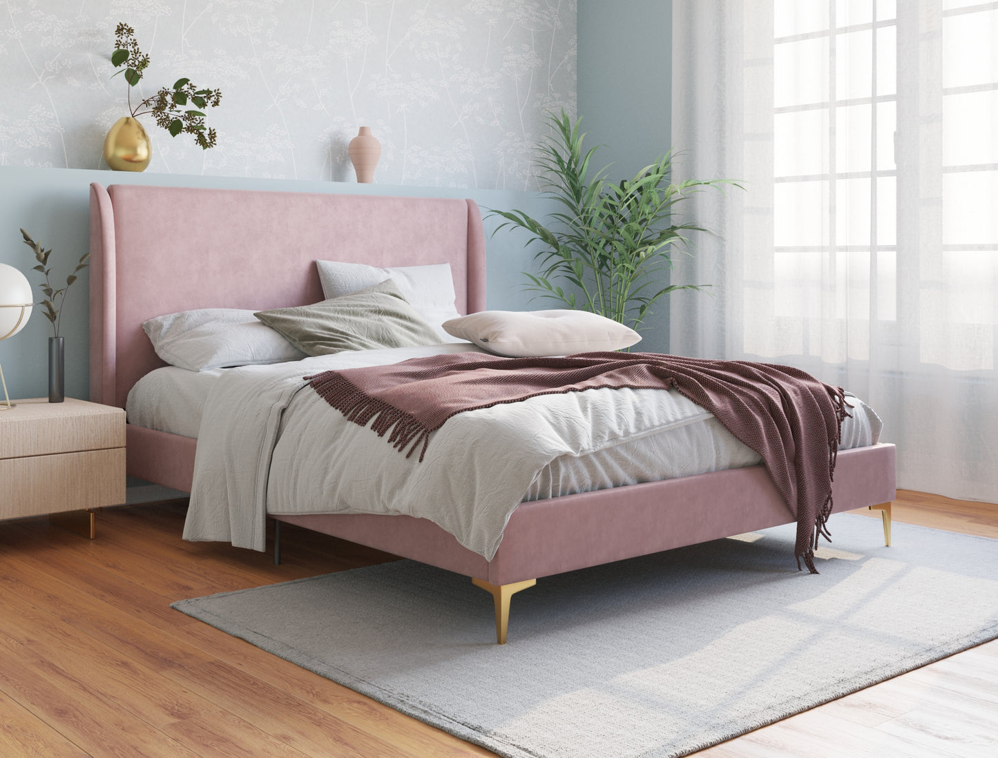 Zheng Pink Velvet Gold Legs Bed Frame