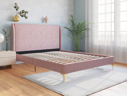 Zheng Pink Velvet Gold Legs Bed Frame