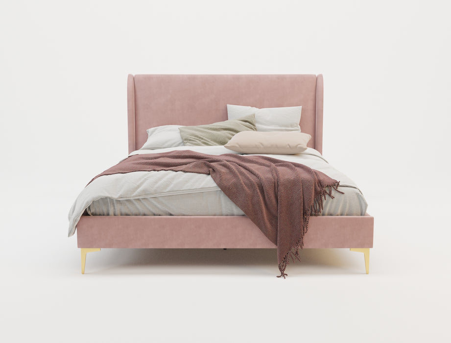 Zheng Pink Velvet Gold Legs Bed Frame