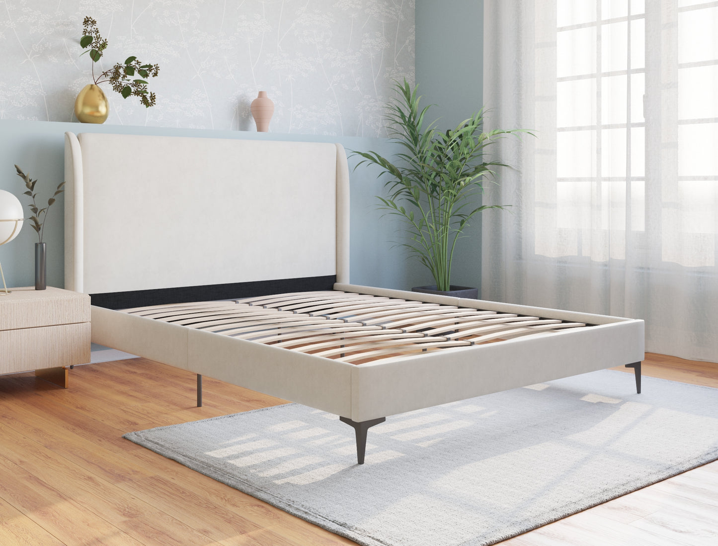 Zheng Beige White Oak Fabric Black Legs Bed Frame