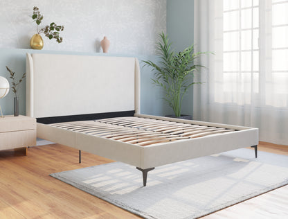 Zheng Beige White Oak Fabric Black Legs Bed Frame