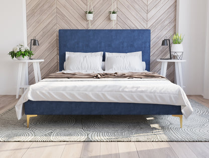 Rykkie Blue Velvet Gold Legs Bed Frame