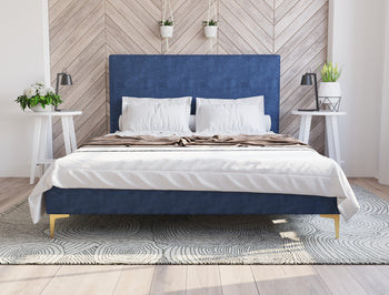 Rykkie Blue Velvet Gold Legs Bed Frame