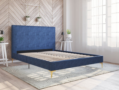 Rykkie Blue Velvet Gold Legs Bed Frame