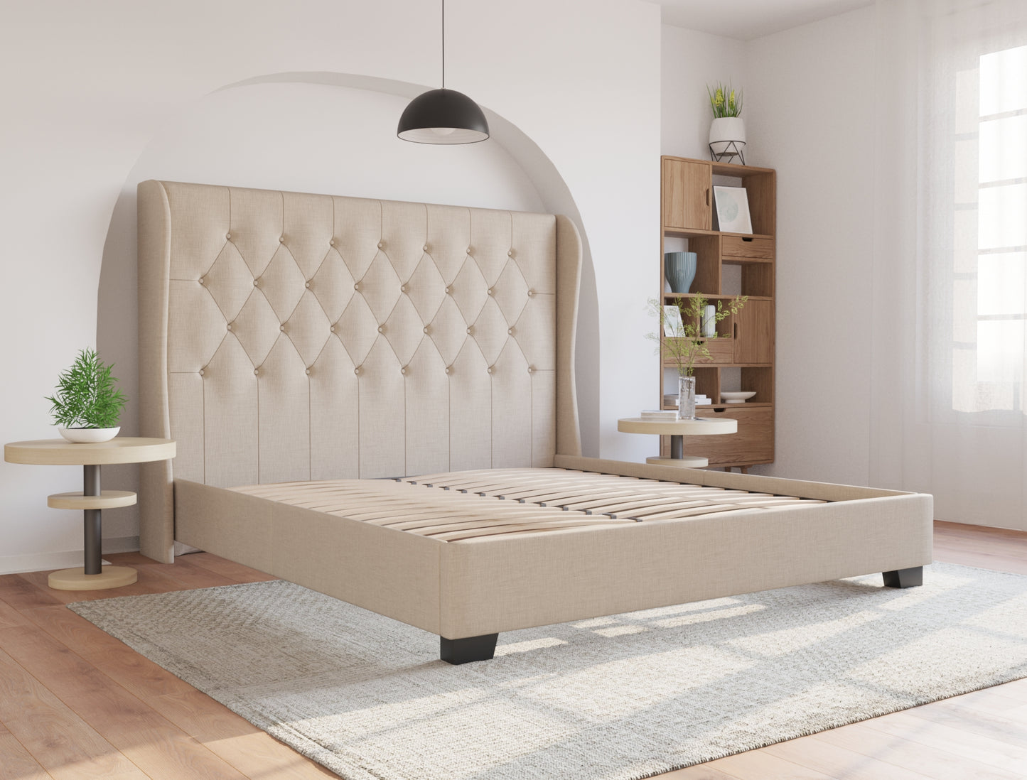 Harlow Beige White Oak Winged Fabric Bed Frame