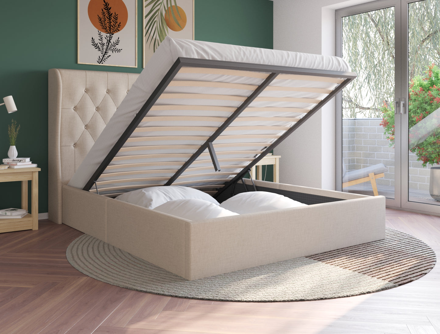 Harlow Beige White Oak Fabric Gas Lift Bed Frame